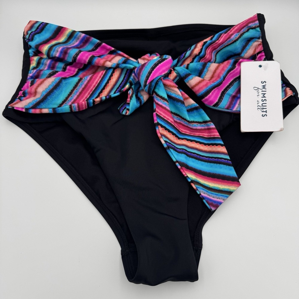 NWT Swimsuit For All Women Black Multi Striped Sash High Waist Bikini Bottoms 14